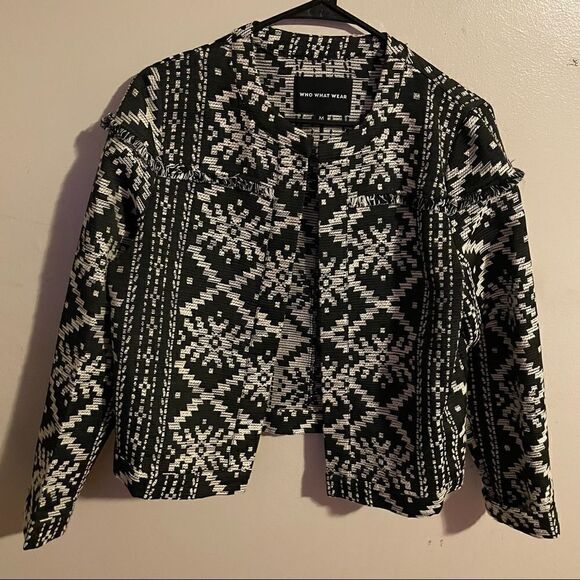 Who What Wear Black & White Patterned Fringe Trim Jacket Medium - Picture 2 of 7